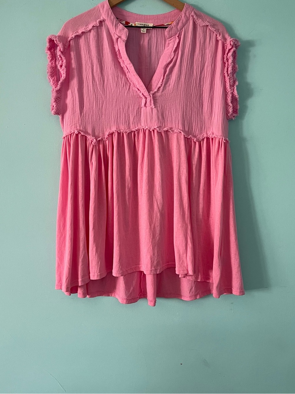 Umgee Gauzy Bubblegum Pink Oversized Split Neck Babydoll Tunic S Summer Breezy